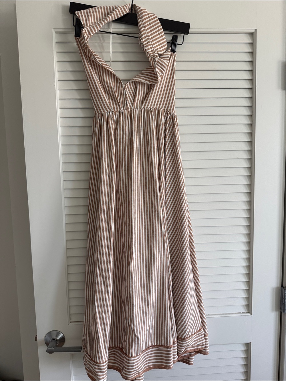 Aakaa White Tan Stripe Backless Halter Maxi Dress S